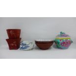 Mixed lot of Chinese and Japanese ceramics to include two craquelure dishes, a blue and white