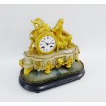 French style white hardstone mantle clock with gilt metal surmounts on an ebonised clock base, 37