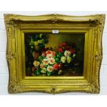 Still Life of Flowers with Jardiniere Stand Oil / Acrylic on Board Apparently unsigned, in an ornate