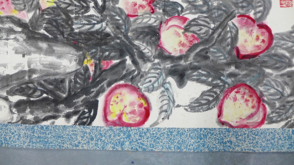 'Peaches' ink and watercolour on paper scroll, signed Ping Weng, with two seals Bai Shi Weng and - Image 3 of 4