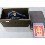 RAF cap, The First World War hardback book and a metal storage tin (a lot)