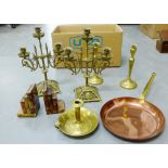 Mixed lot to include brass candlesticks, copper pan, hardstone bookends etc., (a lot)