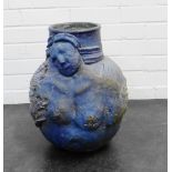 Large blue glazed stoneware studio pottery jar decorated with figures in the round, 42cm high