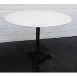 Garden table, with circular white marble top on a cast iron base, 72 x 90cm