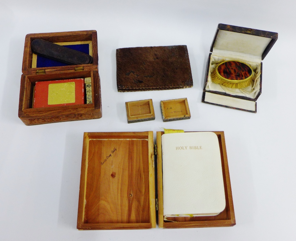 Collection of various wooden trinket boxes containing a clothes brush, Holy bible and dice etc (4)