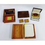Collection of various wooden trinket boxes containing a clothes brush, Holy bible and dice etc (4)