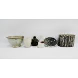 Quantity of studio pottery to include a bowl, miniature vases, face patterned dish etc., tallest