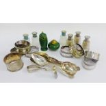 Mixed lot to include white metal and Epns napkin rings, teaspoons, pepper pots and cloisonne cruets,