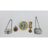 Mixed lot to include a Victorian silver Whiskey decanter label, a blank silver decanter label,