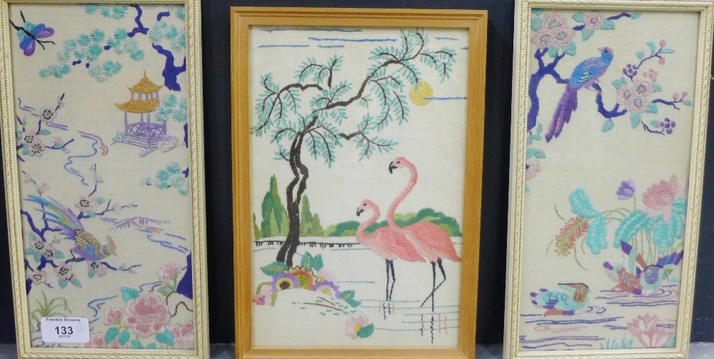 Group of three early 20th century framed needle works, largest 13 x 27cm (3)