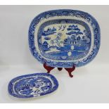 J & MP Bell, Scottish pottery blue and white 'Willow' patterned ashet and another smaller by the