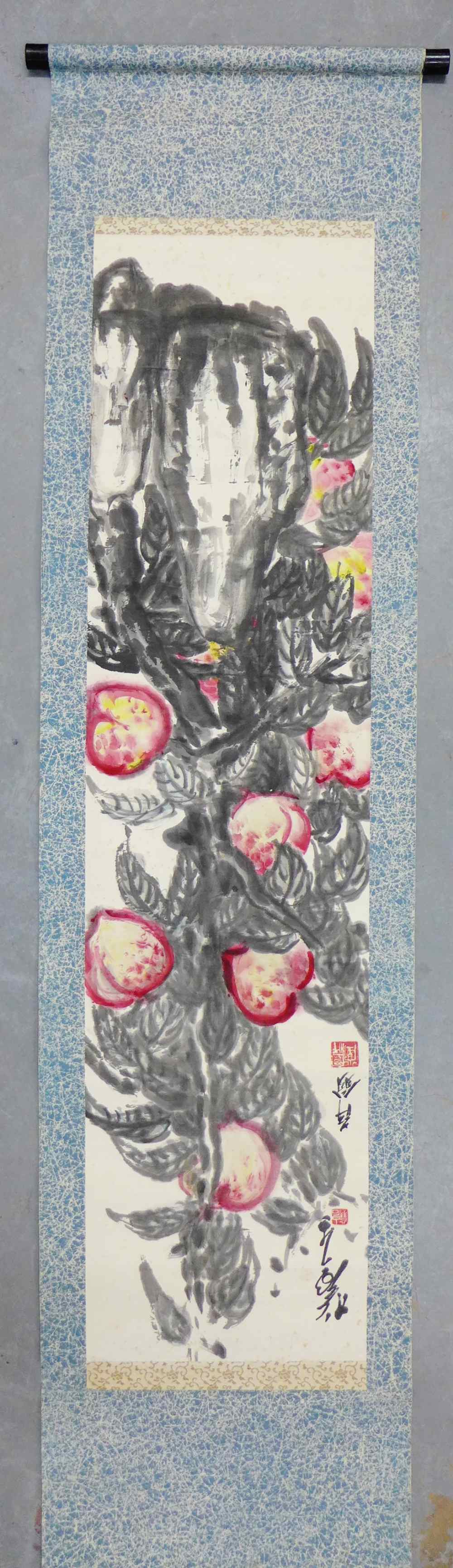 'Peaches' ink and watercolour on paper scroll, signed Ping Weng, with two seals Bai Shi Weng and