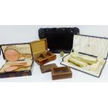 Mixed lot to include a Japanese tray, wooden boxes, vintage brush sets and a carved snuff bottle, (