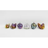 Group of Isle of White glass to include a scent bottle and stopper, two apples and three birds,