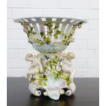 Continental porcelain table centre piece / comport with reticulated basket and floral encrusted