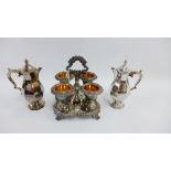 Epns cruet stand together with a pair of hot water pots, (3)