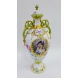 Continental porcelain twin handled vase and cover (a/f), 40cm high