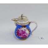 Meissen teapot with a blue scale ground, puce coloured landscape panels and gilt highlights, the lid