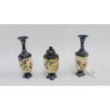 Early 20th century Japanese shibiyama inlaid ivory and white metal garniture of miniature vases,