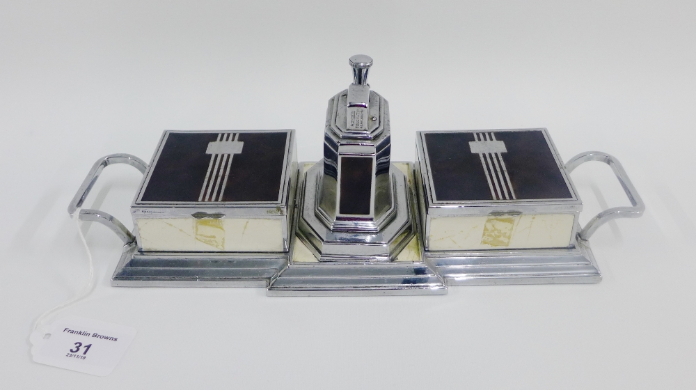 Art Deco Ronson Touch Tip lighter desk set, with chrome tray and two further boxes with hinged