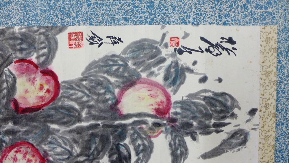 'Peaches' ink and watercolour on paper scroll, signed Ping Weng, with two seals Bai Shi Weng and - Image 2 of 4