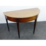 Mahogany D end table on four square tapering legs, 72 x 124cm