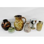 Collection of studio pottery to include jugs, vases, a jar and cover and a goblet, tallest 21cm, (6)