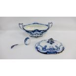 Staffordshire blue and white Iris patterned tureen cover and ladle