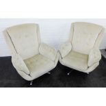 Pair of retro cream upholstered button back chairs, on chromed metal swivel base, 96 x 64cm, (2)