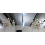 Pair of contemporary six branch glass and faux brass chandelier with hanging lustres and droplets (