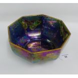 Walter Slater for Shelley octagonal purple lustre bowl with gilt edge rim, butterfly pattern and