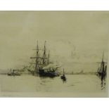 Harold Wyllie (1880 - 1973) 'Woolwich Beach' Engraved print Signed in pencil, in a glazed frame,