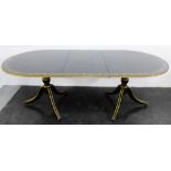 Ebonised and gilt edged twin pedestal dining table, 214cm long