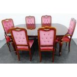 Mahogany dining suite comprising a set of six buttonback upholstered chairs to include two carvers