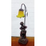 Art Nouveau style figural table lamp base with a yellow art glass shade, 56cm high
