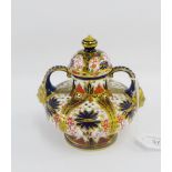 Royal Crown Derby Imari vase and cover with twin handles and mask head, 13cm high