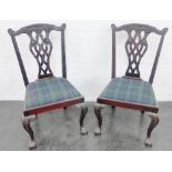Pair of Chippendale style mahogany chairs with interlaced splat back, tartan upholstered seat and