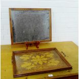 Early 20th century poker work tray and a strut back mirror, 45 x 55cm, (2)