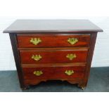 Stained pine chest with three graduating long drawers with brass handles, 85 x 95cm