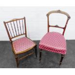 Two mahogany side chairs, one with carving and one with inlay, both with matching upholstered seats,