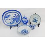 Collection of Chinese blue and white to include a Willow patterned ashet, a Prunus patterned bowl,