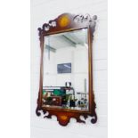 Mahogany and inlaid wall mirror with pierced fret work frame and rectangular bevelled plate, 90 x