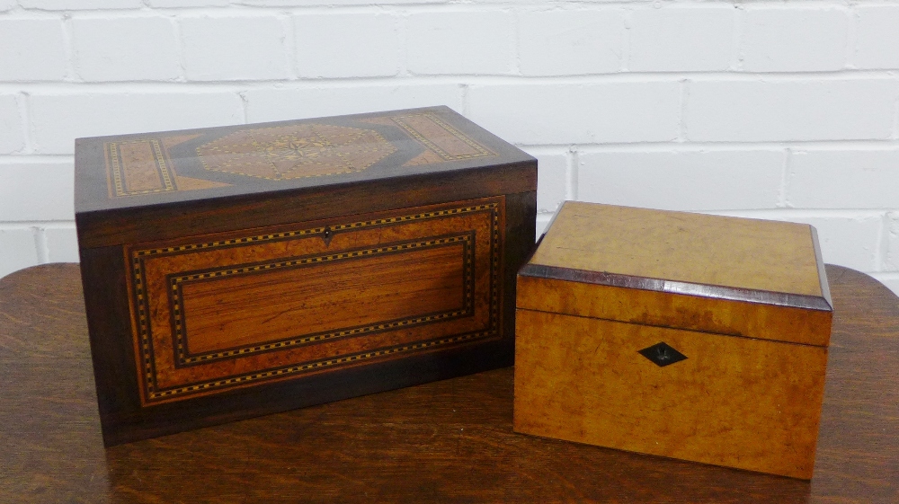 Burr walnut box and an inlaid box, largest 19 x 34cm, (2)