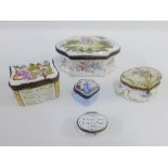 A collection of 18th century and later porcelain and enamel boxes to include 'A lover true I am to