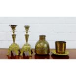 Selection of brass including two candlesticks, jug, plate and a cup, tallest 20cm (a lot)