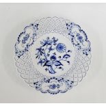 Meissen blue and white plate with reticulated rim, with blue cross swords mark verso and impressed