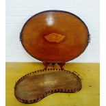 Mahogany oval tray with inlaid shell paterae together with a kidney shaped tray , largest 22cm x