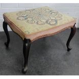 Mahogany framed stool with upholstered top and on cabriole legs, 45 x 65cm