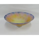 Peter Lane studio pottery bowl in pink, blue and yellow on a plain circular foot rim, 22cm diameter