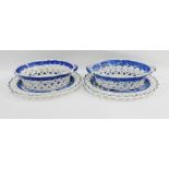 Pair of English pearlware blue and white chestnut baskets in Willow pattern, complete with their